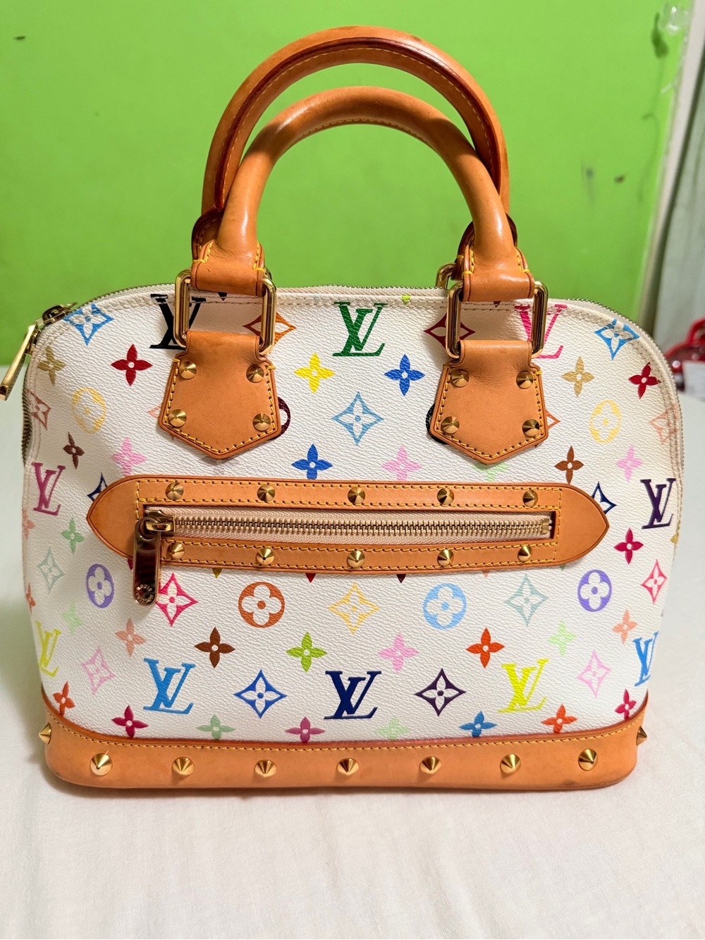 Louis Vuitton White Multicolor Monogram Alma Satchel with Tan Trim